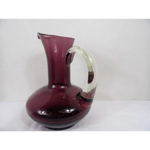 Vase Pitcher Amethyst Hand Blown Glass Pontil Purple Clear Handle 7.5" Tall MCM - Picture 2 of 16